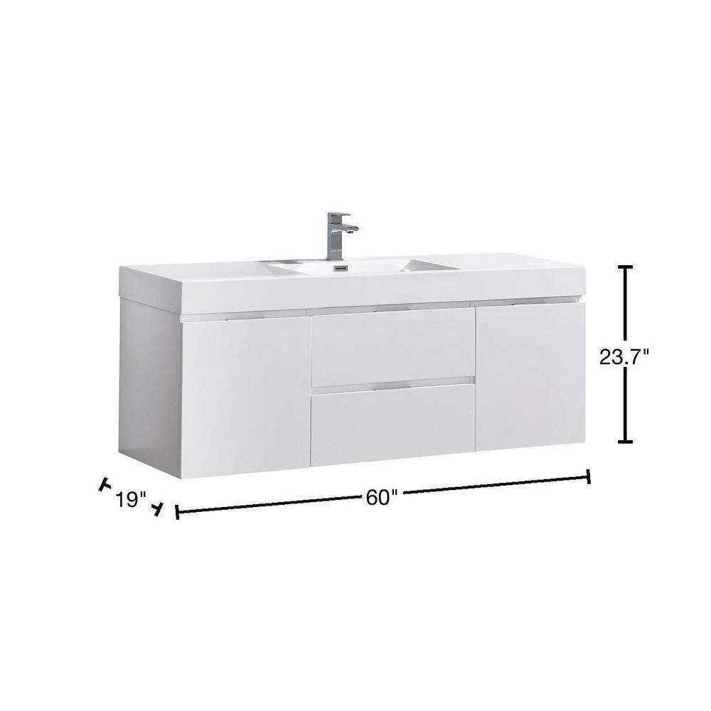 Valencia 60" Glossy White Wall Mount Double Vanity