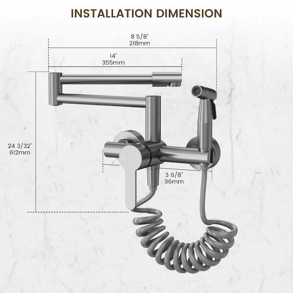 Yalsfowe Wall Mount Pot Filler Faucet – Gun Gray Brass, Dual Handle, 360° Swing Arms With Ceramic Cartridge