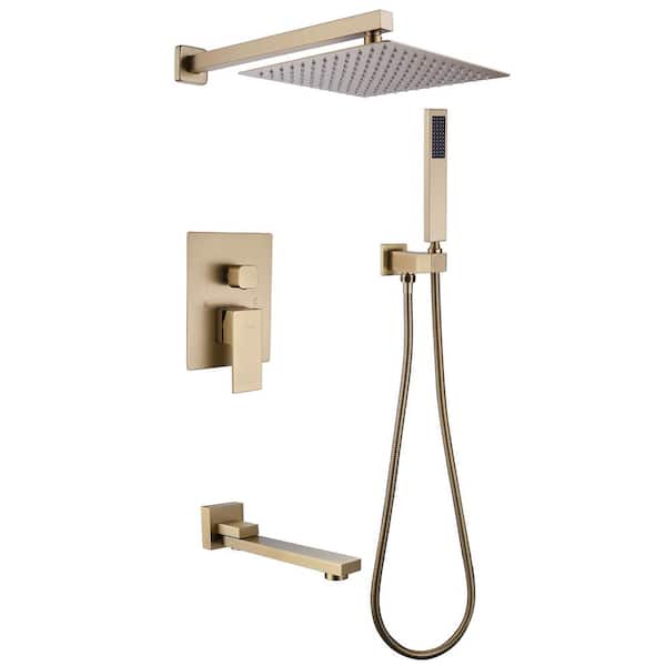 BWE Single Handle 3-Spray Tub and Shower Faucet 2.5 GPM Square Tub Shower Faucet in. Brushed Gold (Valve Included)