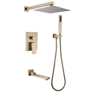 Single-Handle 3-Spray Square High Pressure Tub and Shower Faucet in Brushed Gold (Valve Included)