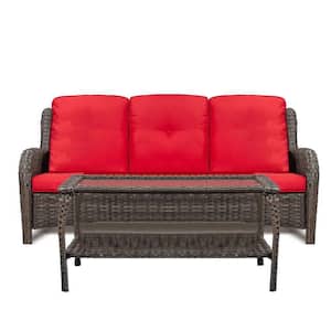 2-Pieces Brown Frame Rattan Wicker Outdoor Patio Conversation Sectional Sofa Set, with Red Cushion and Coffee Table