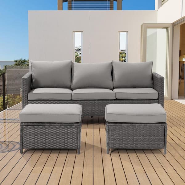 Sonkuki 3-Piece Grey Rattan Patio Sofa Set Outdoor Furniture Set 3-Seat Sofa Ottomans With Cushions, Linen Grey