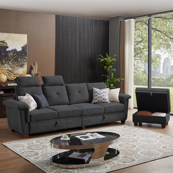 109 In W Rolled Arm 3 Piece L Shaped Cotton Modern 4 Seats Sectional Sofa Dark Grey With Hidden Coffee Table Gray