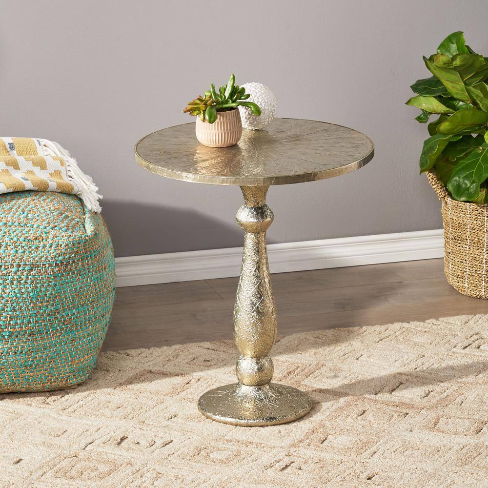 Silver Round Metal End Table with Floral Engravings