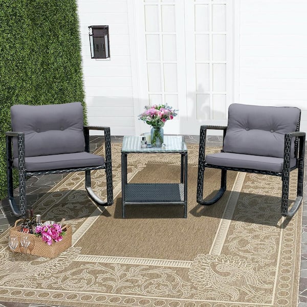 Gtnali Outdoor 3 Pieces Rattan Rocking Chair Set With Gray Cushions