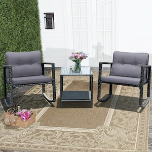 Outdoor 3 Pieces Rattan Rocking Chair Set With Gray Cushions