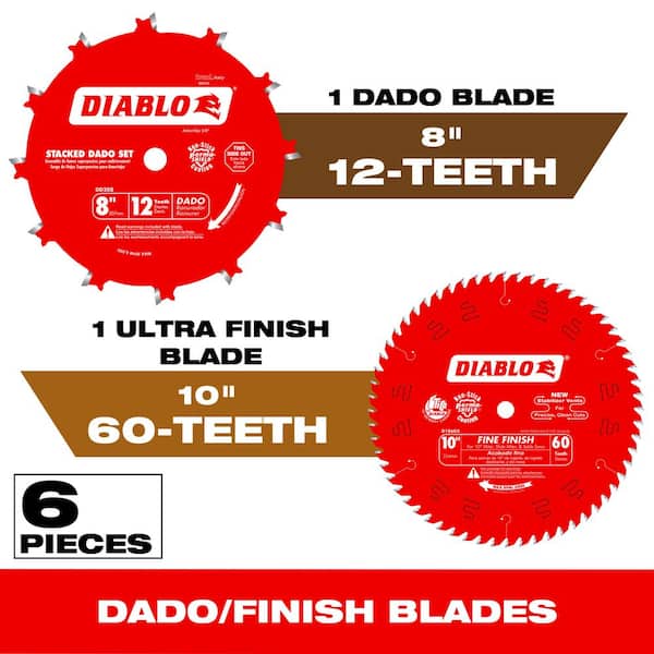 8 in. x 12-Tooth Stacked Dado Saw Blade Set and 10 in. x 60-Tooth Fine Circular Saw Blade (6-Pieces)