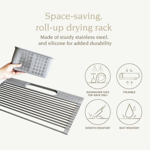 kitidy Over The Sink Multipurpose Roll-Up Dish Drying Rack - Stainless  Steel Foldable Sink Dish Drainer with Utensil Caddy – Kitidy