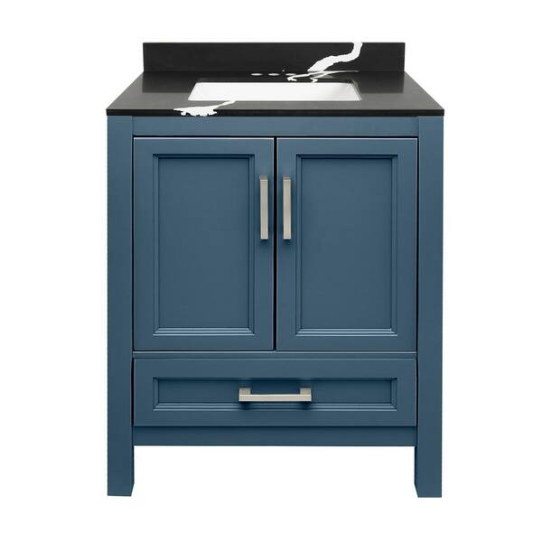 Amluxx Salerno 25 in. W x 19 in. D x 36 in. H Bath Vanity in Navy Blue with Quartz Stone Vanity Top in Calacatta Black