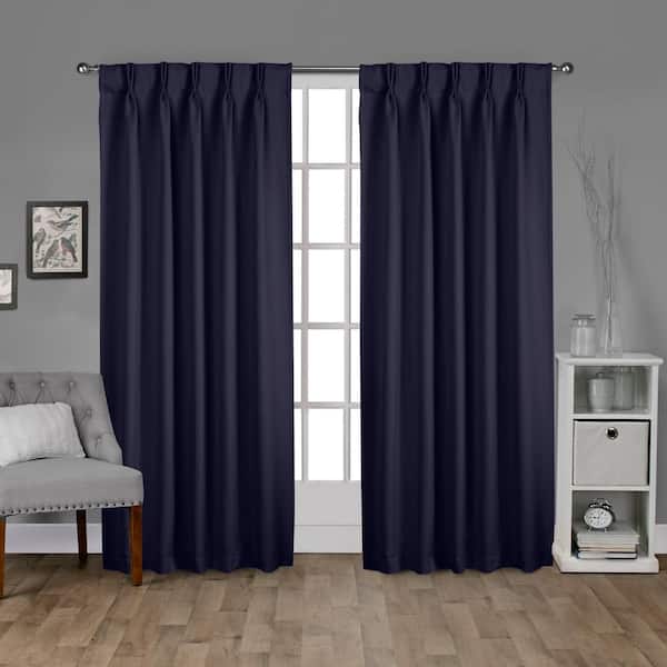 EXCLUSIVE HOME Peacoat Blue Sateen Solid 30 in. W x 96 in. L Noise Cancelling Thermal Pinch Pleat Blackout Curtain (Set of 2)
