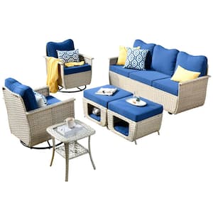 Sierra Beige 6-Piece Wicker Pet Friendly Outdoor Patio Conversation Sofa Set with Swivel Chairs and Navy Blue Cushions