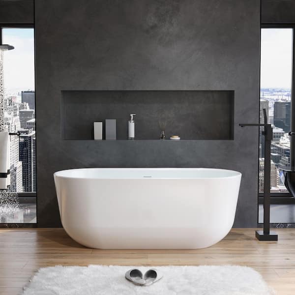 59 in. x 28.3 in. Acrylic Glossy White Soaking Bathtub with Chrome Pop-Up Drain and Overflow