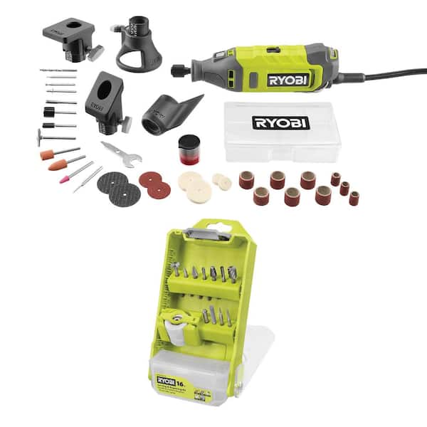 RYOBI 1.4 Amp Corded Rotary Tool with Rotary Tool 16-Piece Carving & Engraving Kit (For Wood, Metal, Plastic, Glass and Stone)