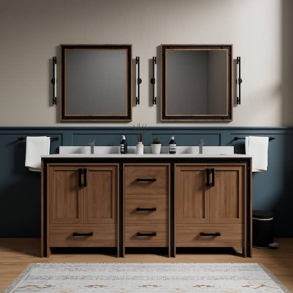 Lexora Ziva 72 in W x 22 in D Rustic Barnwood Double Bath Vanity, White Quartz Top, Faucet Set and 30 in Mirrors