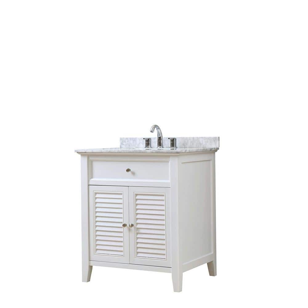 White Vanity with Carrara Marble Top and Shuttered Cupboard