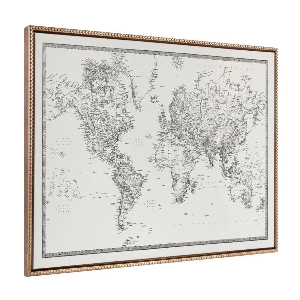 Vintage Black and White World Map Canvas with Gold Beaded Frame, 28" x 38"