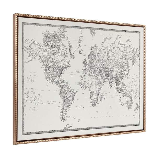 Vintage Black and White Word Map Framed Canvas Wall Art 1-Piece Gold Framed Canvas Art Print, 28 in. x 38 in.