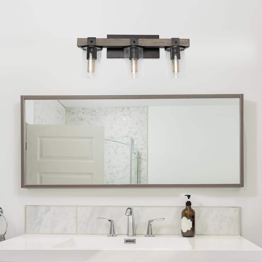 Rustic Restored Wood Look 3-Light Bath Vanity with Glass Shades