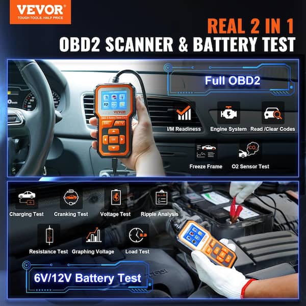 VEVOR OBD2 Scanner Diagnostic Tool, 2 in 1 OBD2 Scanner Battery Tester, Check Engine Light, 6V/12V Car Battery Charging Cranking Test, Car Code