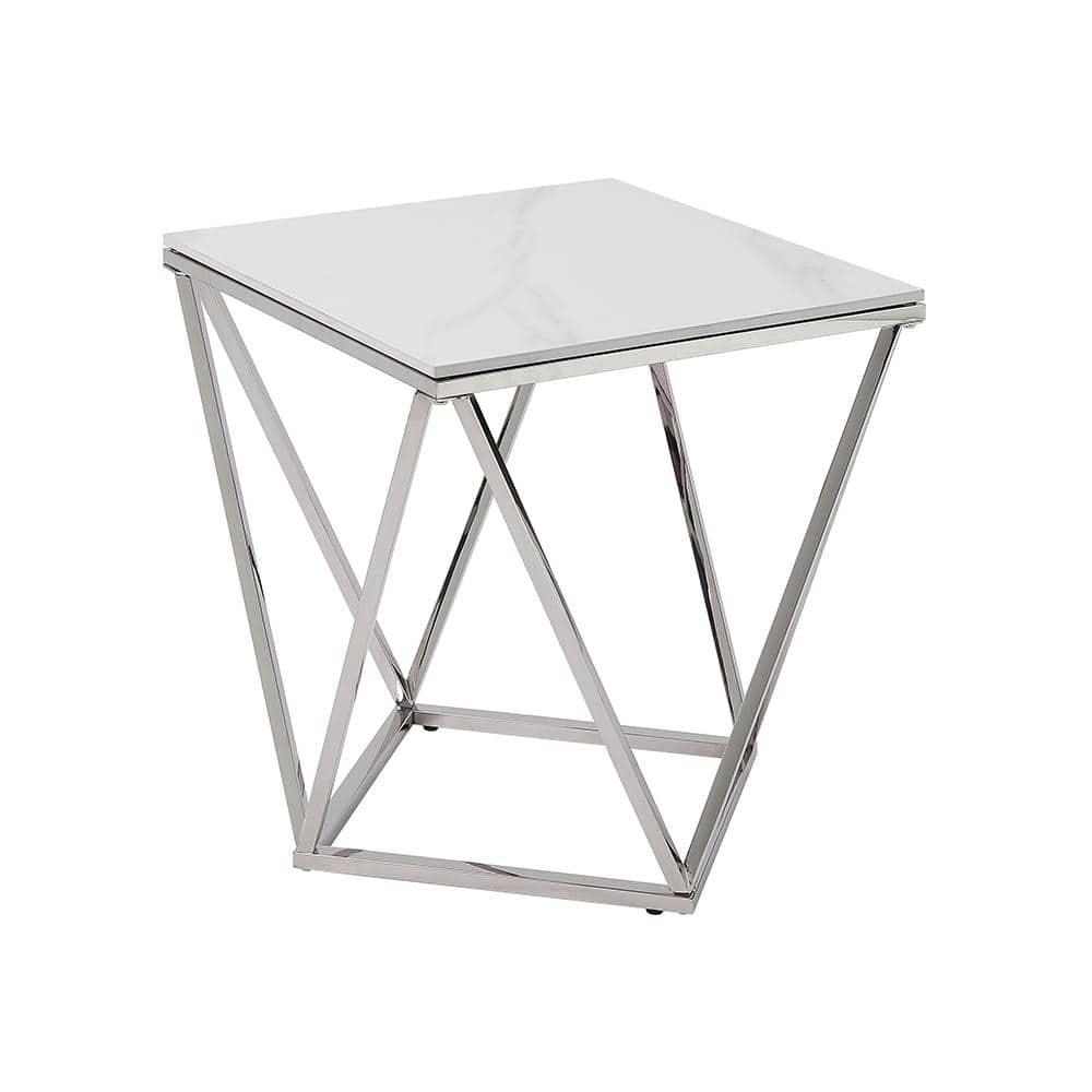 Alfeo White Stone and Silver Steel Square End Table