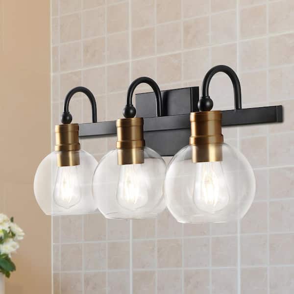 Marais 21.5 in. 3-Light Black/Brass Gold Iron/Glass Rustic Vintage LED Vanity Light