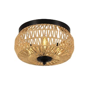 RattanGlow 12.6 in. 3-Lights Brown Flush Mount Ceiling Light with Rattan Shade and E12 Bulb Base, No Bulbs Included