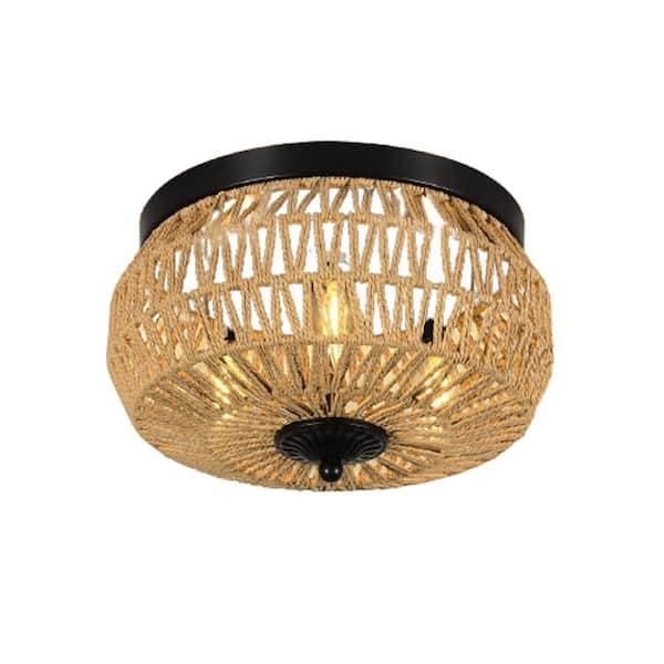 Etokfoks RattanGlow 12.6 in. 3-Lights Brown Flush Mount Ceiling Light with Rattan Shade and E12 Bulb Base, No Bulbs Included
