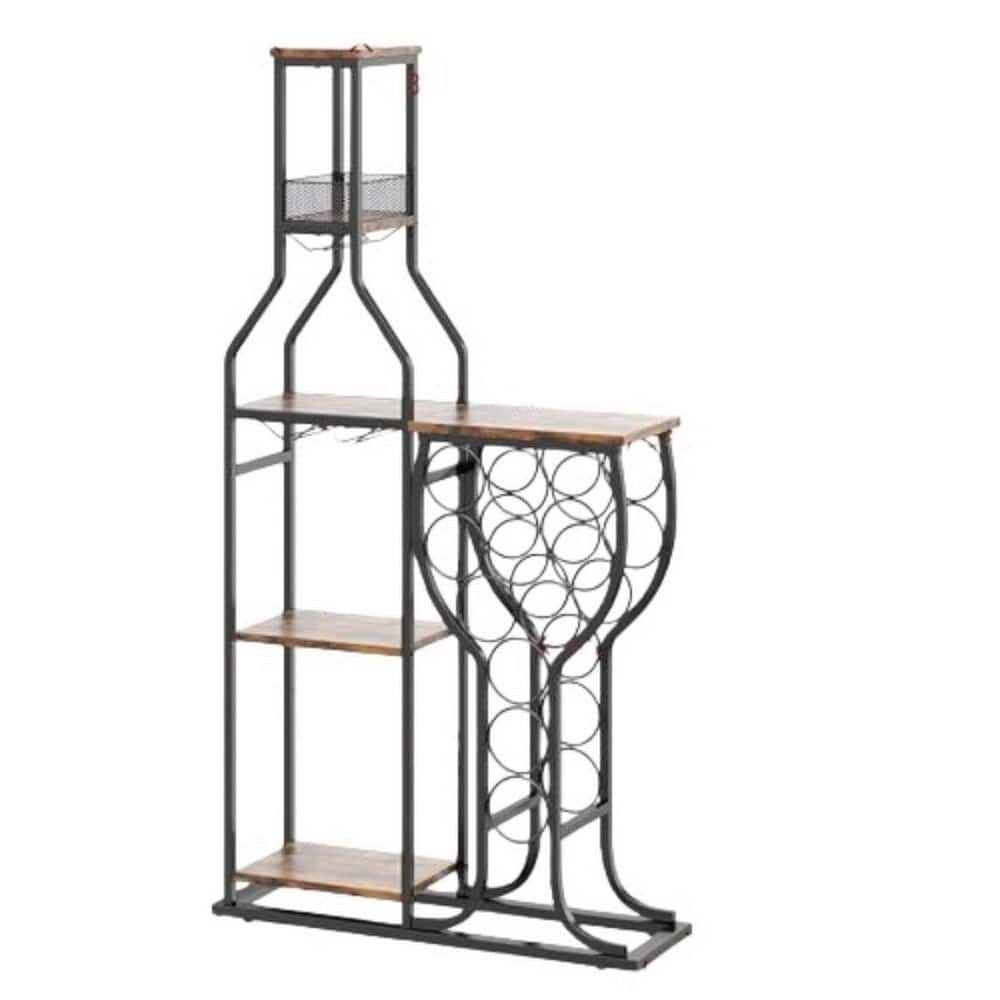 11-Bottle Antique Brown 28.7 in. W Wine Rack, 5-Tier Wine Rack Freestanding Floor with Wine Glass Holder, Mini Bar Stand
