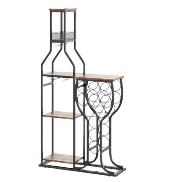 11-Bottle Antique Brown 28.7 in. W Wine Rack, 5-Tier Wine Rack Freestanding Floor with Wine Glass Holder, Mini Bar Stand