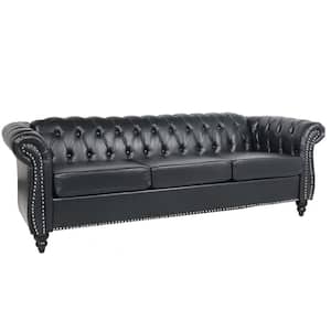 84 in. W Round Arm Rolled Arm Faux Leather Chesterfield 3-Seater Curved Sofa with Reversible Cushions in Black