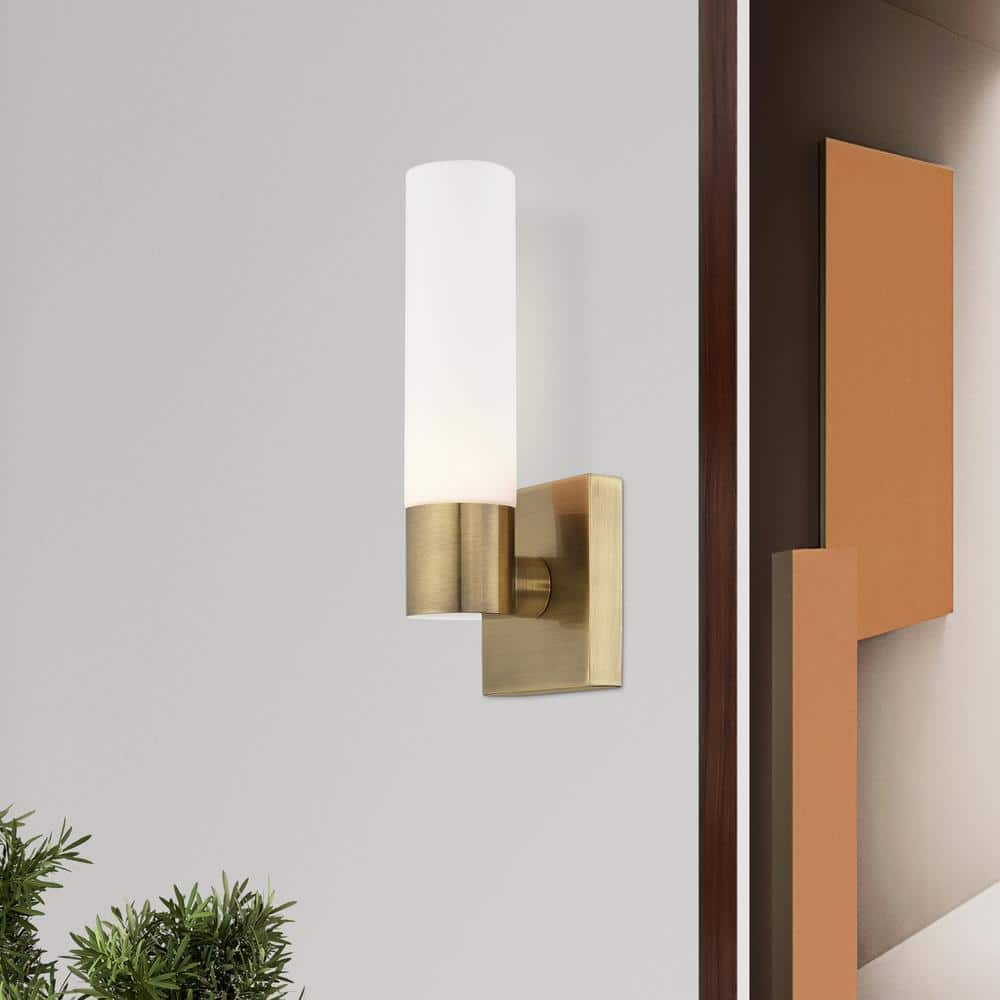 Antique Brass 11" Wall Sconce with Opal Glass