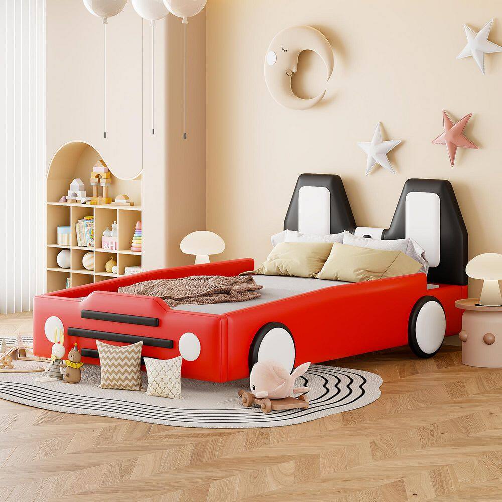 Red Wood Frame Twin Car-Shaped Upholstered Platform Bed with Wheels price history on PriceWatchPro