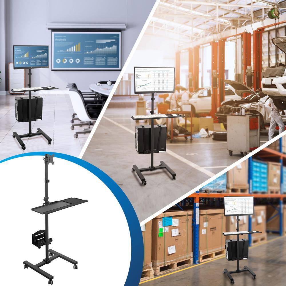 Black Height Adjustable Mobile Computer Cart with Monitor Mount and CPU Holder