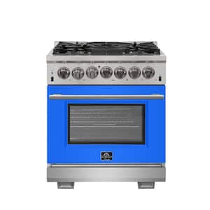 Capriasca 30 in 4.32 cu. ft. Dual Fuel Range with Gas Stove and Electric Oven 5 Burners in Stainless Steel w/Blue Door