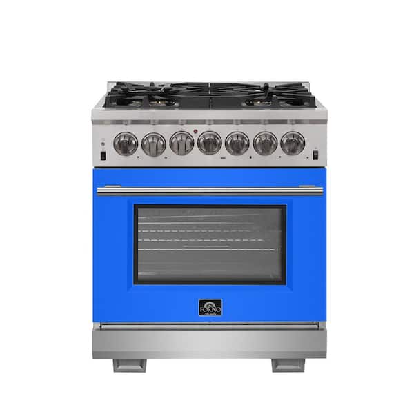Forno Capriasca 30 in 4.32 cu. ft. Dual Fuel Range with Gas Stove and Electric Oven 5 Burners in Stainless Steel w/Blue Door