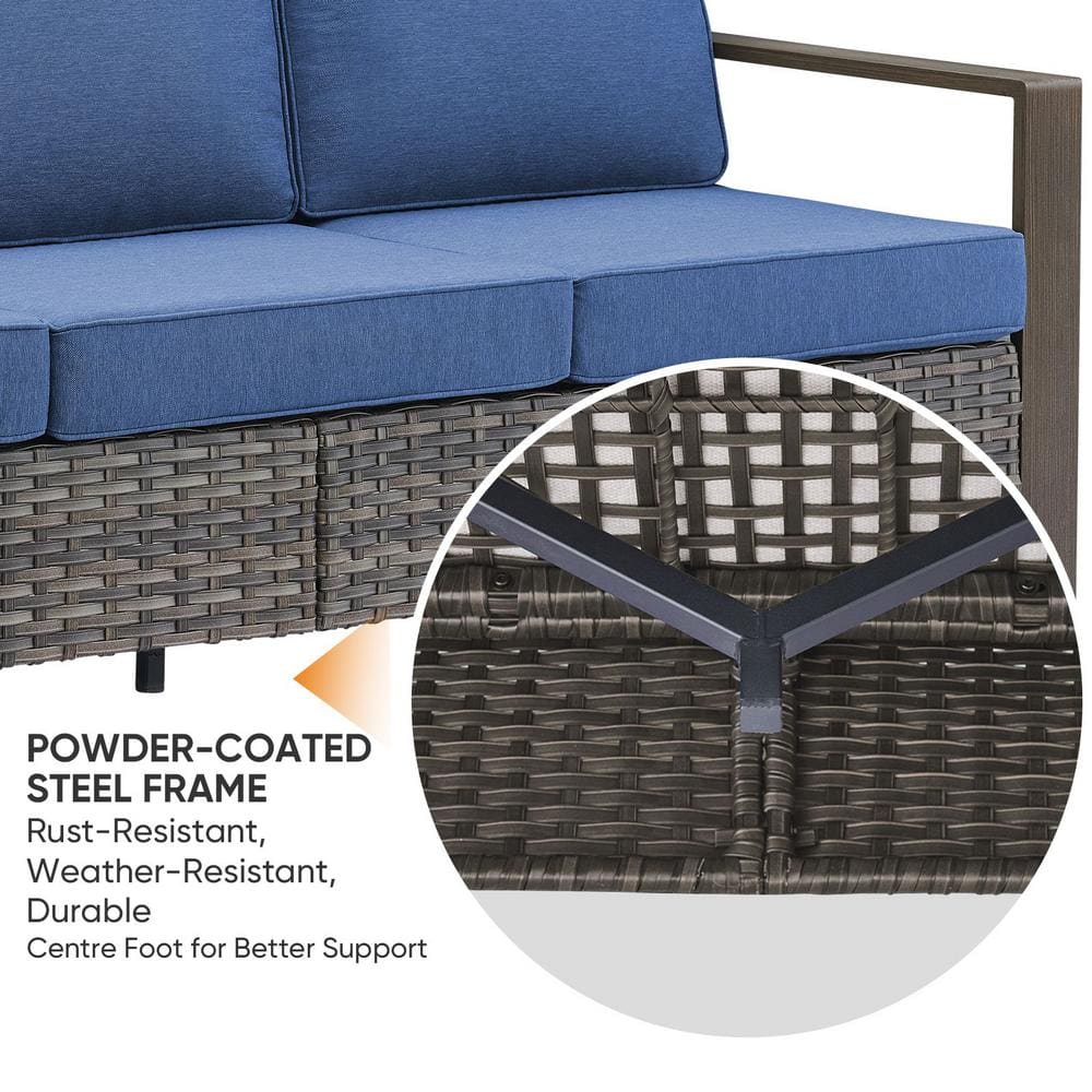 Gray Wicker and Steel Outdoor Sectional Sofa with Blue Cushions