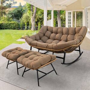 Double Papasan Rocking Chair For Two - Oversized Rattan & Iron Loveseat Rocker With Thick Cushion For Patio