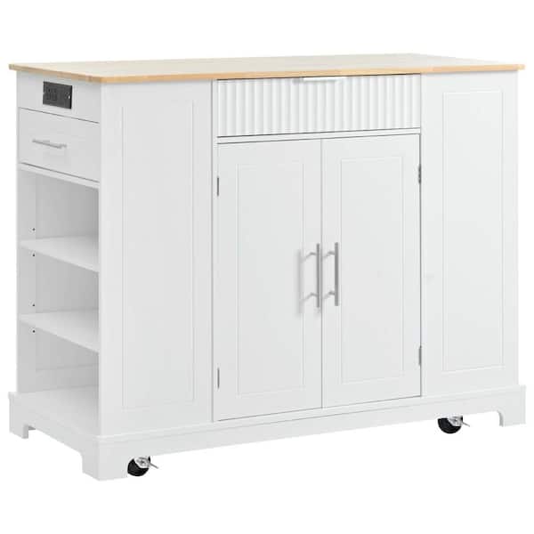 JUJABU White Wood 48.5 in. Kitchen Island with 3-Drawers and 3-Open Side Racks for 10 Gal. Garbage Bin