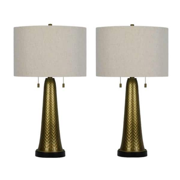 Pair of 27 in. Antique Gold Metal Column Table Lamps with Designer Shades