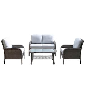 Tampa Gray 4-Piece Wicker Modern Outdoor Patio Conversation Sofa Loveseat Seating Set with Light Grey Cushions