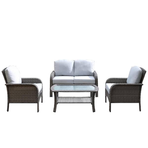 Tampa Gray 4-Piece Wicker Modern Outdoor Patio Conversation Sofa Loveseat Seating Set with Light Grey Cushions