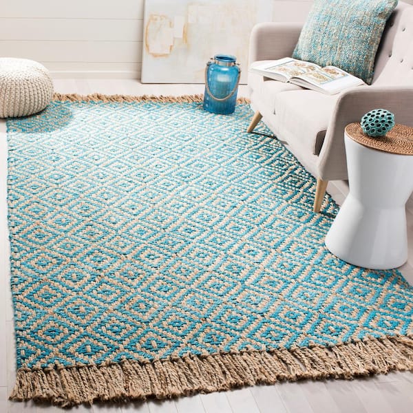 Natural Fiber Turquoise/Beige 5 ft. x 8 ft. Border Area Rug