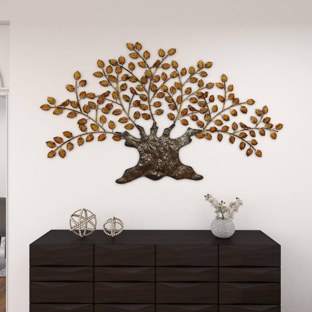 Large Brown and Gold Metal Tree Wall Sculpture with Leaves