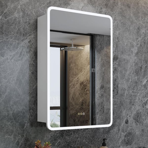 HBEZON Artemis 24 in. W x 30 in. H Small Rectangular Aluminum Rounded Edge Dimmable Medicine Cabinet with Mirror, Left Hinge