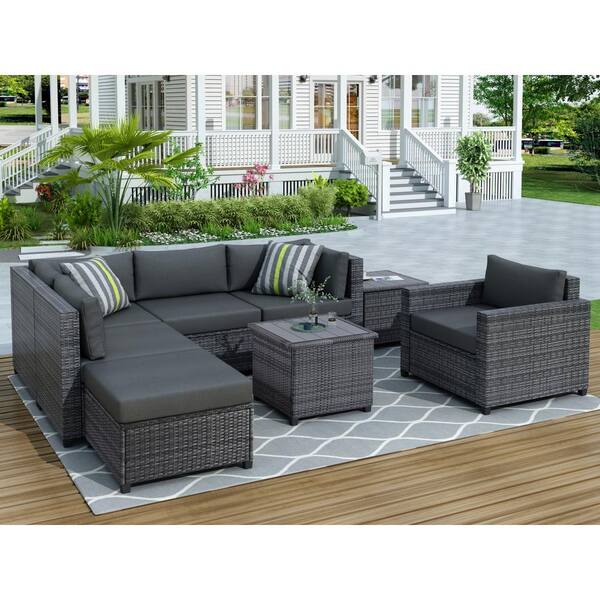 waelph 8-Piece Gray Wicker Outdoor Rattan Sectional Seating Group with Gray Cushions