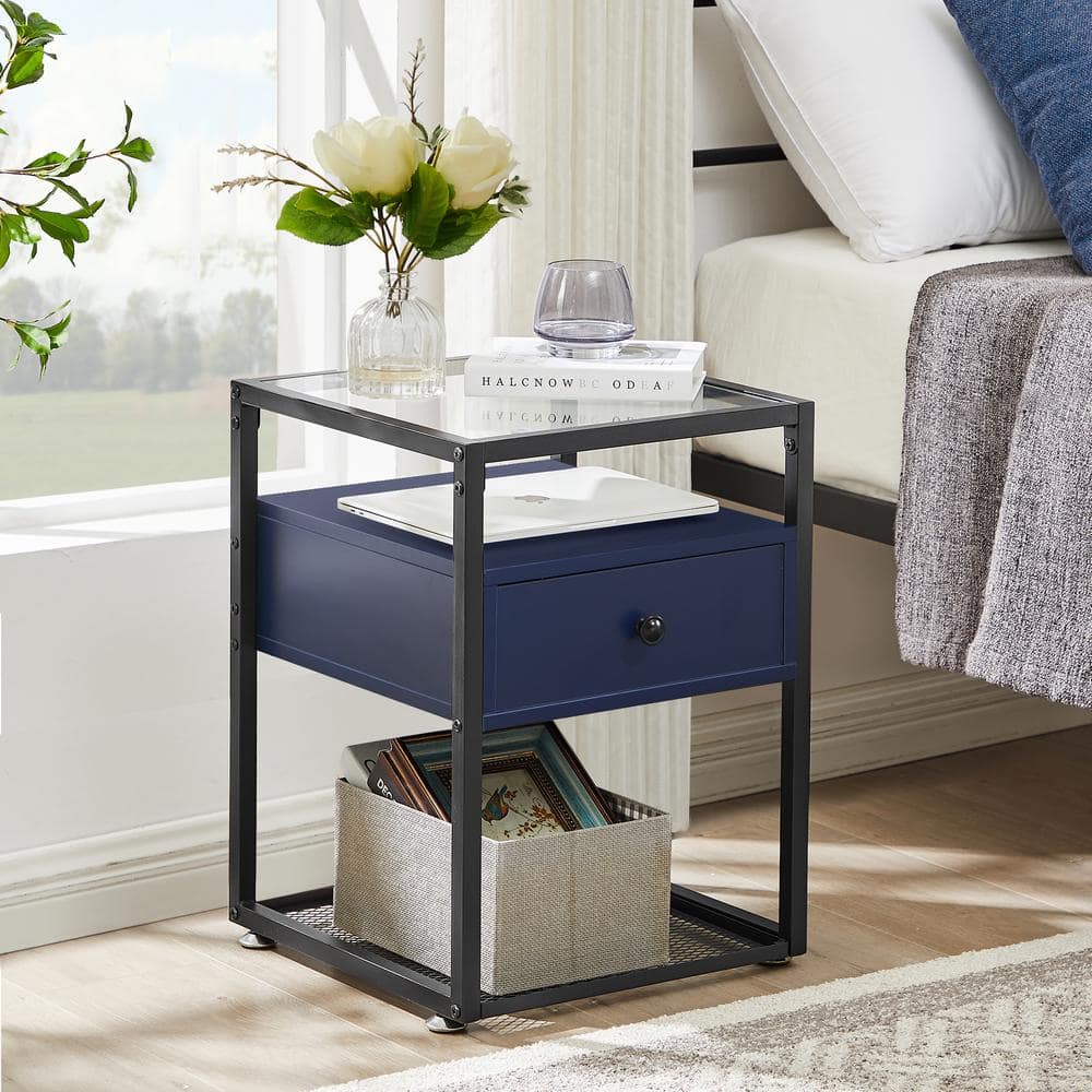 VECELO 1Drawer and Shelf Deep Blue Tempered Glass Side Table