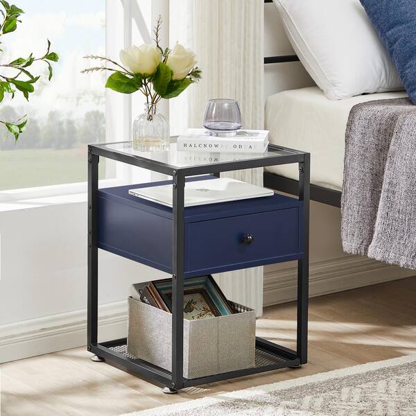 VECELO 1-Drawer and Shelf Deep Blue Tempered Glass Side Table Nightstand with Decoration in Living Room Stable Steel Frame