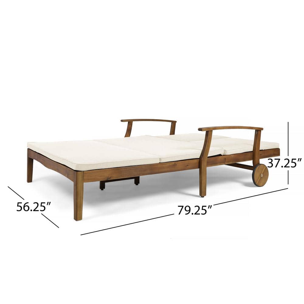 Scandinavian Teak Wood Double Chaise Lounge with Cream Cushions