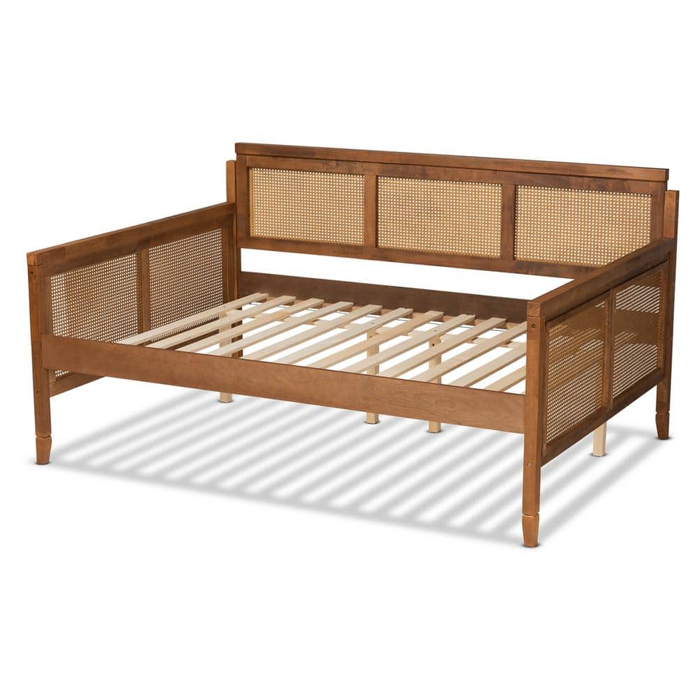 Full Size Walnut Wood Tufted Upholstered Daybed with Slats
