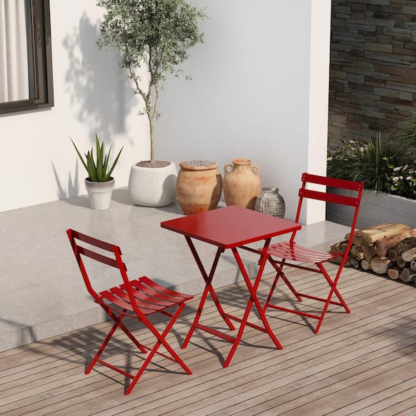 Runesay 3-Piece Metal Outdoor Bistro Patio Bistro Set of Foldable Square Table and Chairs Coffee Table Set in Red